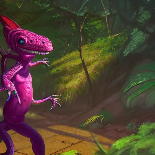 Image similar to concept art painting of an anthropomorphic lizard wearing magenta wizard robes, in the deep forest, realistic, detailed, cel shaded, in the style of makoto shinkai and greg rutkowski and james gurney