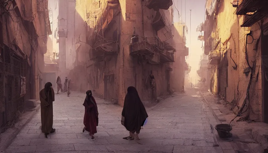 Image similar to old jeddah city alley, roshan, shops, magical glowing time portal, a nomad wearing a worn out coat, plants, kids, dramatic lighting sci fi, by caspar david friedrich by beeple and james gilleard and justin gerard, centered, artstation, smooth, sharp focus, photoreal octane render, 3 d, by jean baptiste monge