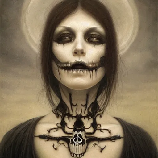 Prompt: a portrait of a mysterious death goddess with black eyes and a skull necklace, moody, dark, deep shadows, creepy, muted colors, highly detailed, intricate artwork, beautiful oil painting by Jean Delville