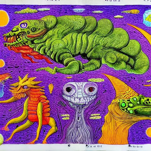 Image similar to futuristic bestiary of repressed emotion monsters and creatures starting a fiery revolution in the psyche, in the style of COdex Seraphinianus