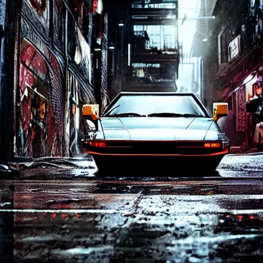 Prompt: A car Vector W8, rainy grimy neon cyberpunk alleyways in the background badass pose , Photo realistic , Gregory Crewdson , Award winning. masterpiece, exquisite detail, post processing