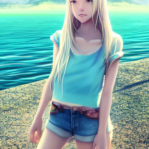 Image similar to a very beautiful anime girl, full body, long wavy blond hair, sky blue eyes, full round face, short smile, cute top, short jeans, summer lake setting, cinematic lightning, medium shot, mid-shot, highly detailed, trending on Artstation, Unreal Engine 4k, cinematic wallpaper by Stanley Artgerm Lau, WLOP, Rossdraws, James Jean, Andrei Riabovitchev, Marc Simonetti, and Sakimichan