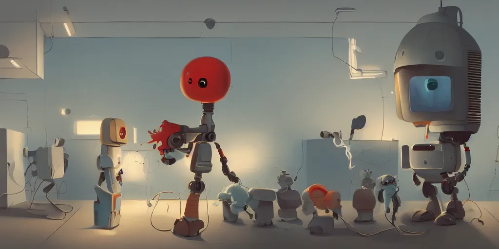 Image similar to cute cartoon robot viewing an art exhibit at a gallery by Goro Fujita and Simon Stalenhag , 8k, trending on artstation, hyper detailed, cinematic
