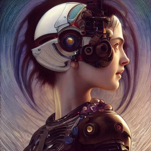 Image similar to Masterpiece head and shoulder portrait of battle angel Alita drawn by Donato Giancola and Tom Bagshaw, face by Artgerm and Edmund Leighton, Alphonse Mucha, background by James Jean and Gustav Klimt, 4k, porcelain skin, komorebi, french nouveau, trending on pixiv, octane render, hyperrealistic