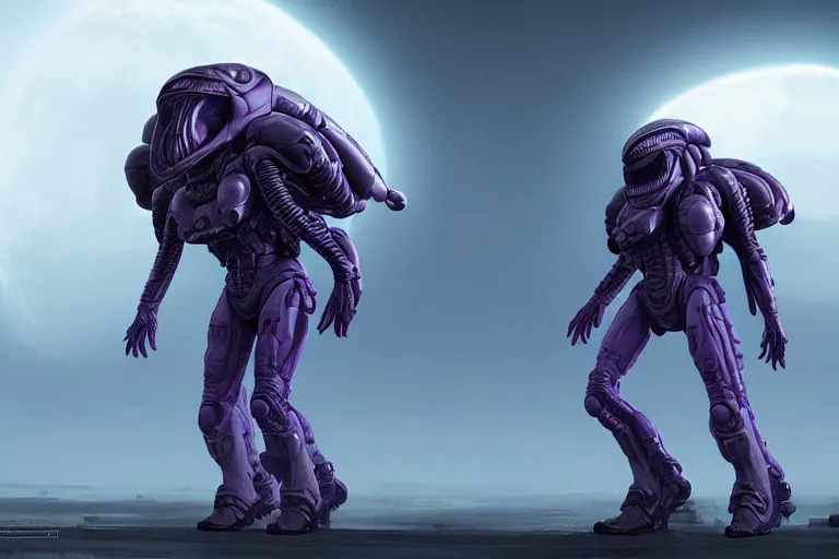 Image similar to alien military armored soldier, purple, futuristic, apocalyptic, by jon aaron kambeitz, katsuhiro otomo, heng z, concept art, insanely detailed, raytracing, octane, unreal engine, trending on artstation