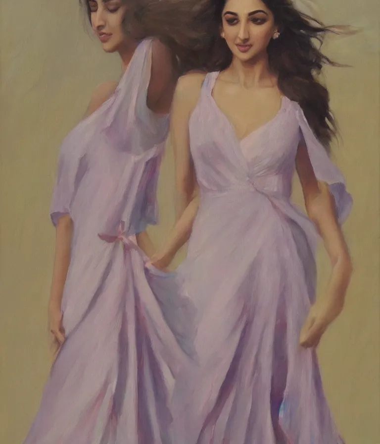 Prompt: Kiara Advani in V-neck dress. history painting, dusk, flowy dress Kiara Advani, artstation, oil on canvas, by Albert Aublet, Private Collection