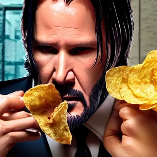 Image similar to john wick eating a potato chip