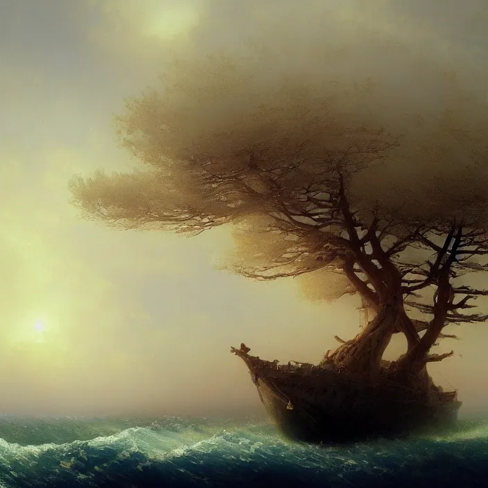 Image similar to a beautiful painting of the world tree on the red sea by ivan aivazovsky and greg rutkowski! and james gurney, in style of impressionism. highly detailed face. fantasy, elden ring, hyper detailed, sharp focus, soft light. ray tracing. trending on artstation.