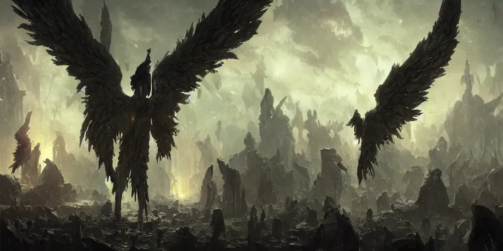 Prompt: a graveyard of fallen angels in hell, Fantasy painting, Greg Rutkowski