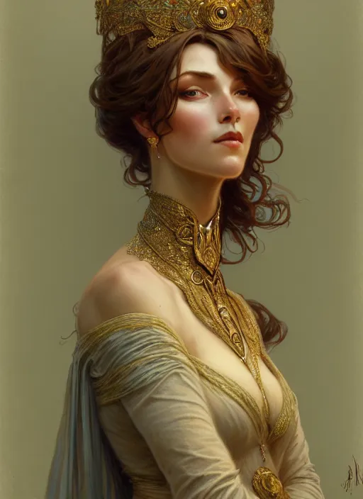 Image similar to character portrait of a modest woman, tall, feminine, powerful, modestly clothed, voluminous, intricate, elegant, highly detailed, digital painting, artstation, smooth, symmetrical, sharp focus, illustration, art by gaston bussiere and alphone mucha