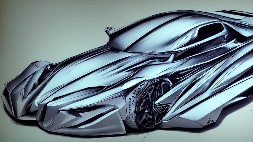 Image similar to modern, automotive design rendering, airbrush, markers, concept car, futuristic, aggressive styling, on ancient paper