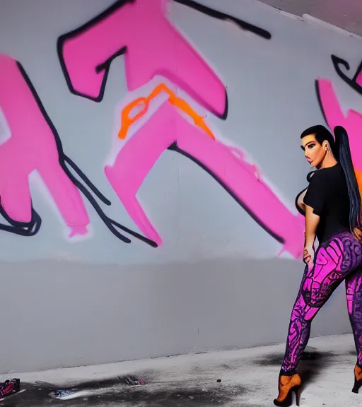 Prompt: kim kardashian doing a graffiti mural in a derelict room, dust, side-shot, pov from side, very tight tiktok leggings with a pink v neck top, mold, intricate, epic lighting, cinematic composition, hyper realistic, 8k resolution, unreal engine 5