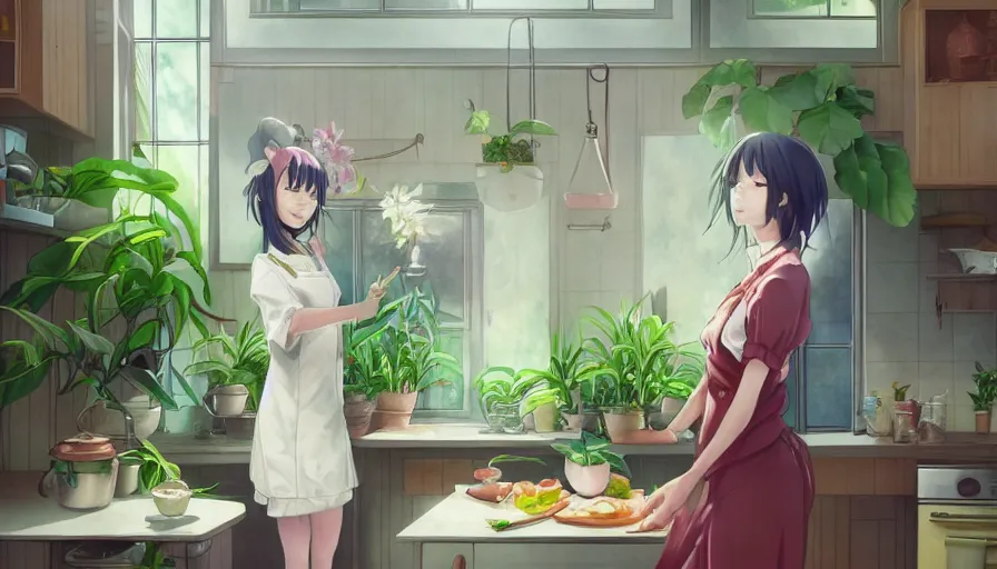 Prompt: a woman standing in a kitchen next to a plant, a storybook illustration by kiyohara tama, pixiv contest winner, magic realism, pixiv, official art, anime aesthetic