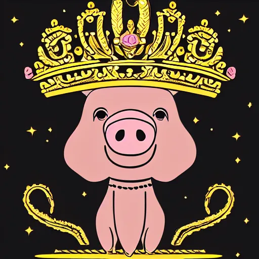 Image similar to pig in a gold crown on a black background, intricate illustration