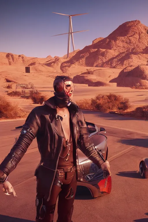 Image similar to cyberpunk cowboy with his tesla in the Mojave desert, high definition, many details, dramatic scene, detailed and realistic hands, symmetrical face, realistic eyes, art of unreal engine 5