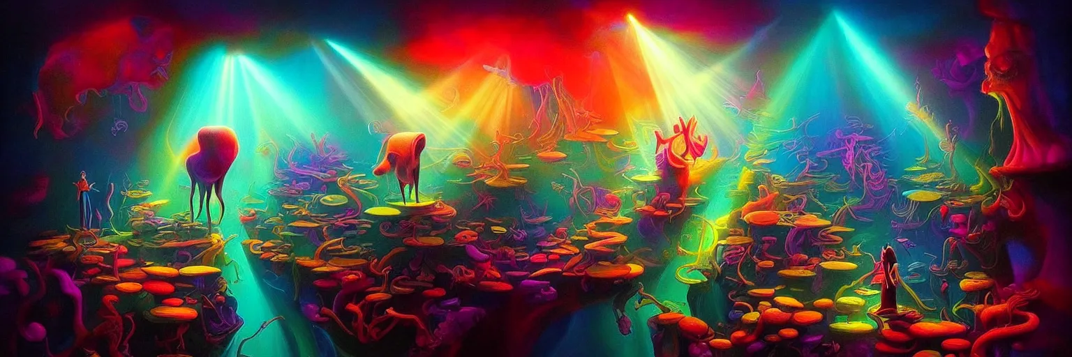 Prompt: whimsical microscopic imaginal creatures from the depths of the collective unconsciouis, dramatic lighting light rays, surreal darkly colorful painting by ronny khalil