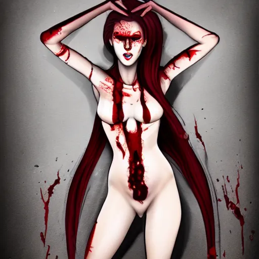 Prompt: a photorealistic pretty female slim vampire covered in blood with an extreme level of detail her body