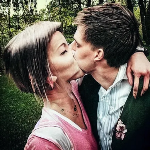 Image similar to Instagram post, creepy couple kissing