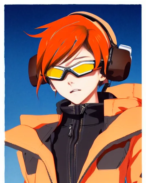 Prompt: Anime as Tracer Overwatch wearing orange snowboard googles, brown leather coat || cute-fine-face, pretty face, realistic shaded Perfect face, fine details. Anime. realistic shaded lighting poster by Ilya Kuvshinov katsuhiro otomo ghost-in-the-shell, magali villeneuve, artgerm, Jeremy Lipkin and Michael Garmash and Rob Rey as Overwatch Tracer