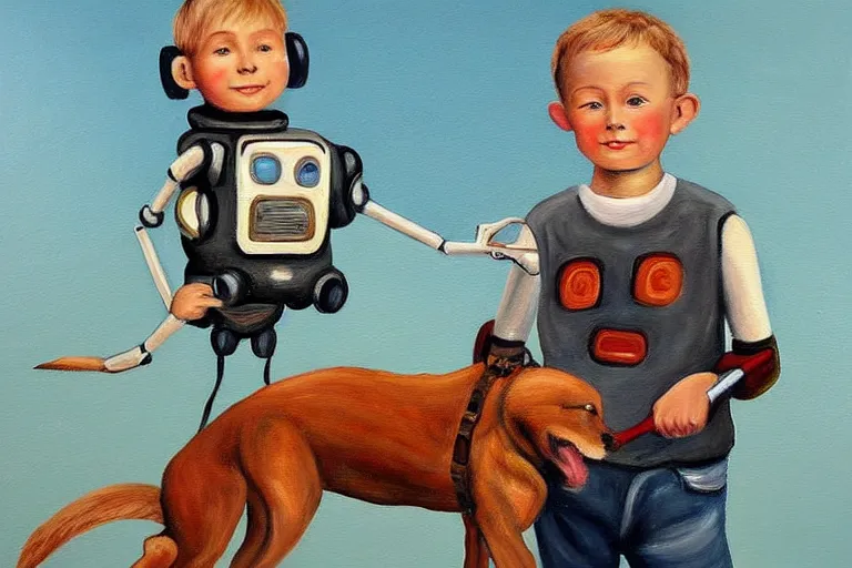 Image similar to a detailed painting of a ( ( ( ( ( boy and his robot dog ) ) ) ) ) by maurice sednak!!!!!!!!!!!!!!