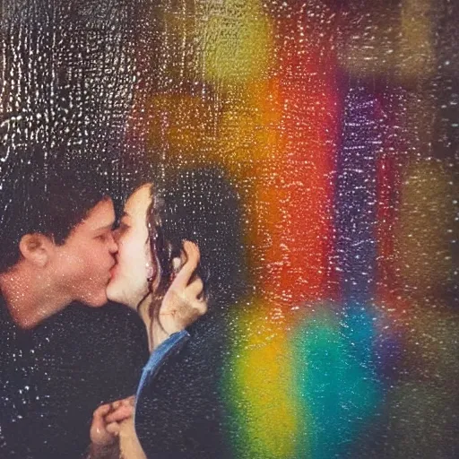 Prompt: close up through steamy window highschool kids making out in a car at night, raining!!! steamy windows!!, colorful!!, nighttime!!