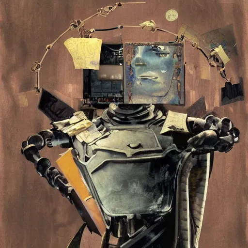 Image similar to a fullmetal wired wild robot daydreaming about theatre plays, oil con canvas by dave mckean and james jean