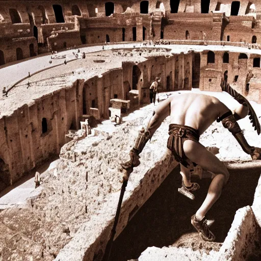 Prompt: a gladiator emerging from a cloud of dust in the rome colosseum historical image