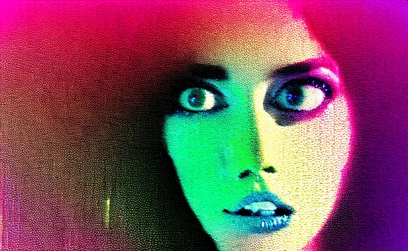 Prompt: vhs glitch art portrait of a frightened woman hidden underneath a sheet, lost in static, metaphysical foggy environment, static colorful noise glitch volumetric light, by bekinski, unsettling moody vibe, vcr tape, 1 9 8 2 analog video, vaporwave aesthetic, directed by david lynch, colorful static, datamosh, pixeled stretching