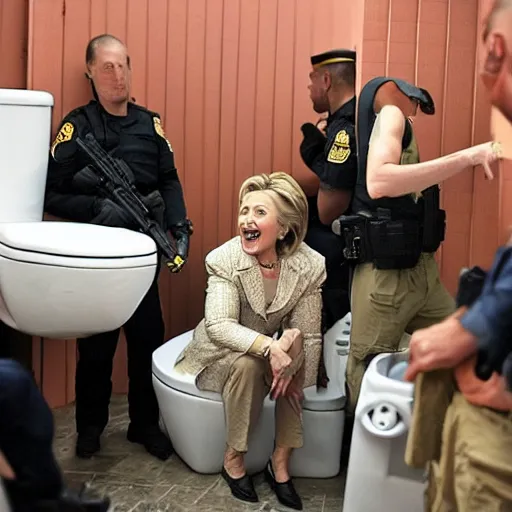 Image similar to hillary clinton getting raided by swat team while sitting on the toilet