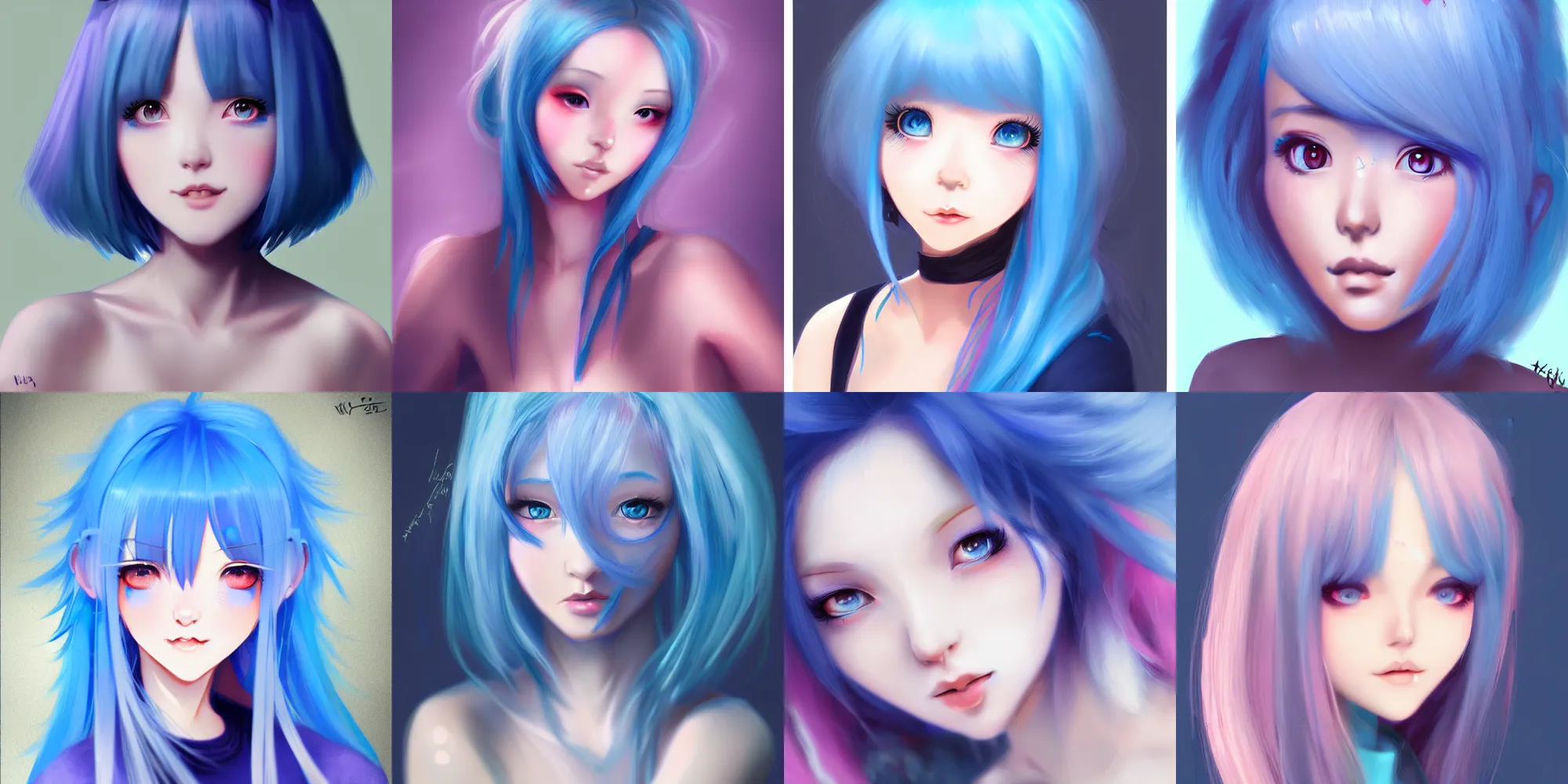 Prompt: very beautiful digital painting of a blushing blue-haired girl, ishikei, wlop, trending on artstation