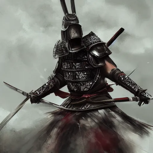 Prompt: dramatic image of samurai in the wind with a longbow and armor. digital art. trending on artstation.