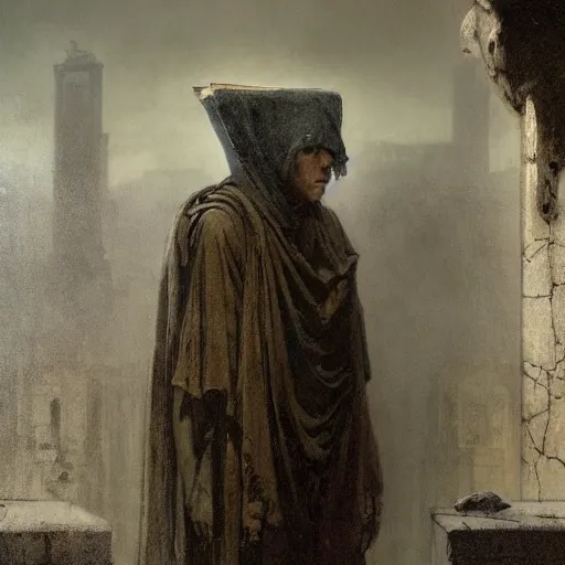 Image similar to portait of magican wearing a closed cerimonial cowl and big old book! chained to the wrist, jeremy mann, jean - leon gerome, tiepolo, alphonse mucha, greg rutkowski, face in the shadows, ( ( ruins of ancient rome ) ), at dusk, mysterious atmosphere, sunrays, dof, high detailed, 8 k