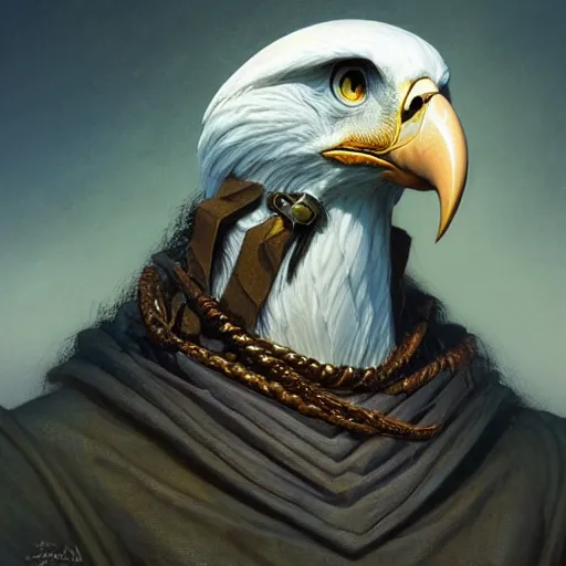 Image similar to head and shoulders portrait of a male aarakocra anthropomorphic eagle, d & d, fantasy, greg rutkowski, frank frazetta, alexandre chaudret, boris vallejo, michael whelan, miro petrov, hr giger, magali villeneuve, donato giancola