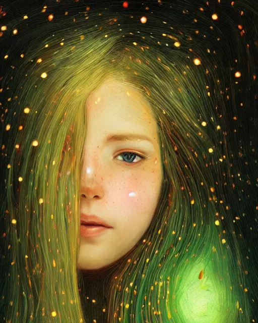 Image similar to infp girl, smiling, amazed by the lights of golden fireflies, amidst nature fully covered, long loose red hair, intricate linework, dreamy green eyes, small nose with freckles, oval shape face, realistic, expressive emotions, dramatic lights, spiritual scene, hyper realistic ultrafine art by battistello caracciolo, albert bierstadt and artgerm