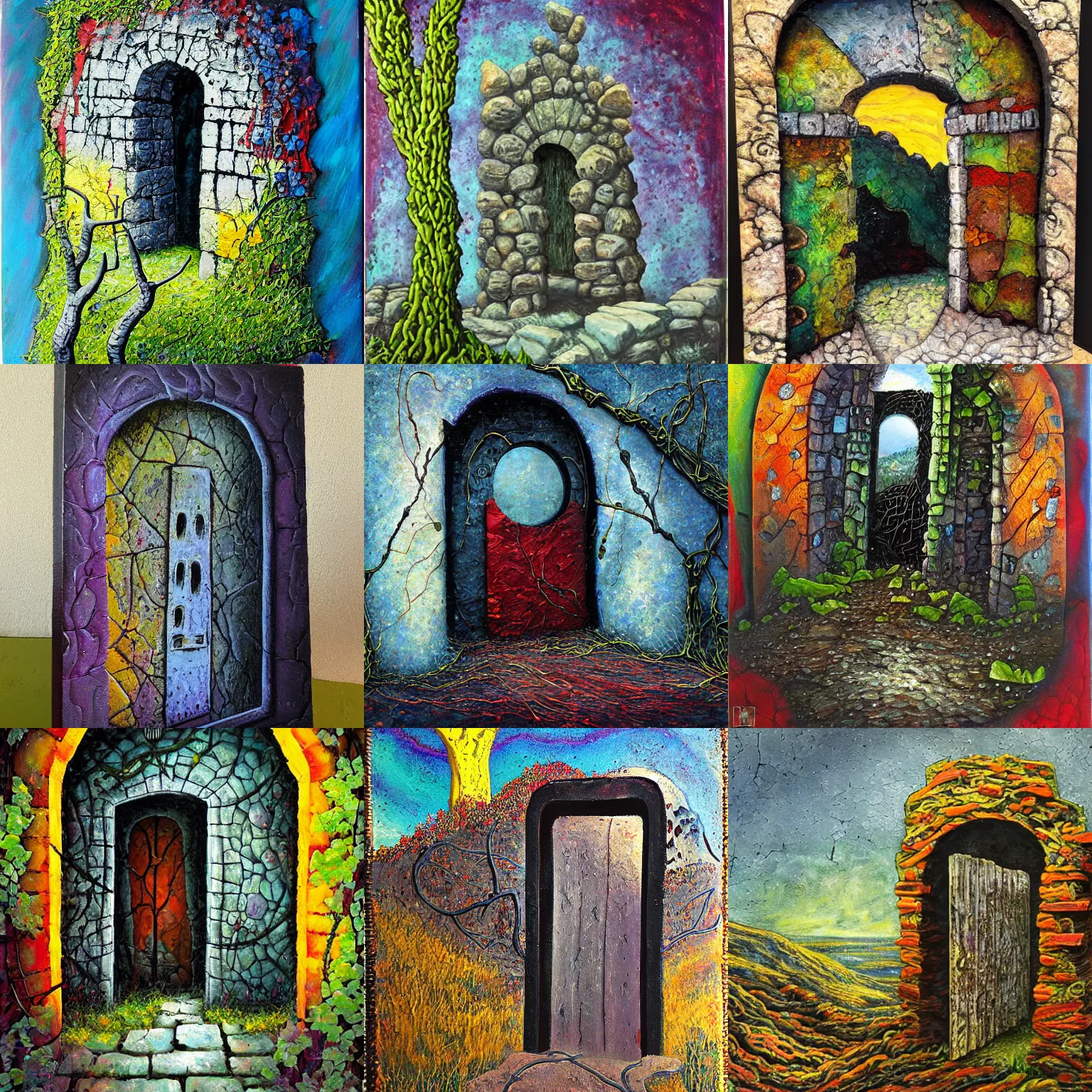 Prompt: colorful seb mckinnon impasto!! acrylic painting of the slate stone gateway of a forgotten civilization. vines and creepers, stone etchings