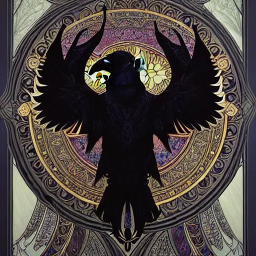 Image similar to simple mandala of ravens, emotionally evoking symbolic metaphors, fantasy, ornamental, detailed digital painting, artstation, concept art, painterly, sharp focus, illustration, art by John Collier and Krenz Cushart and Artem Demura and Rafael and Alphonse Mucha and Albert Aublet