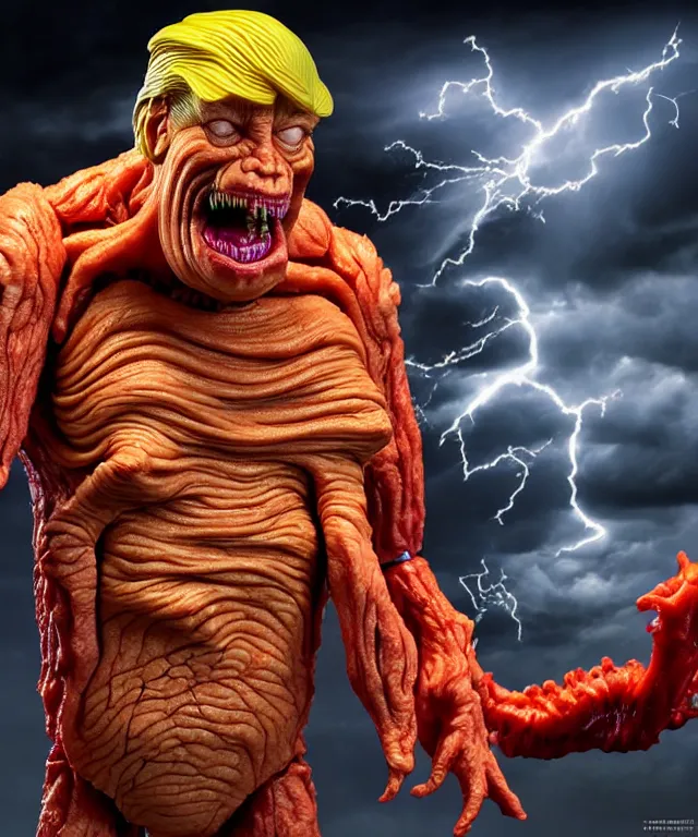 Image similar to hyperrealistic rendering, epic boss battle, cronenberg flesh monster donald trump, by art of skinner and richard corben, product photography, collectible action figure, sofubi, hottoys, storm clouds, outside, lightning