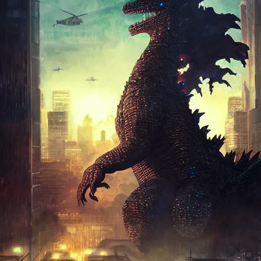 Prompt: godzilla fighting yoshi, cyberpunk city with helicopters following, highly detailed, digital painting, artstation, concept art, matte, sharp focus, illustration, art by artgerm and greg rutkowski and alphonse mucha