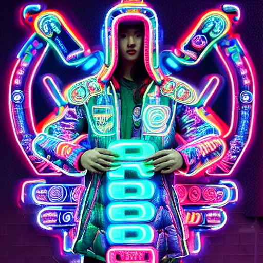 Image similar to detailed quetzalcoatl portrait Neon Operator, cyberpunk futuristic neon, reflective puffy coat, decorated with traditional mayan ornaments by Ismail inceoglu dragan bibin hans thoma !dream detailed portrait Neon Operator Girl, cyberpunk futuristic neon, reflective puffy coat, decorated with traditional Japanese ornaments by Ismail inceoglu dragan bibin hans thoma greg rutkowski Alexandros Pyromallis Nekro Rene Maritte Illustrated, Perfect face, fine details, realistic shaded, fine-face, pretty face