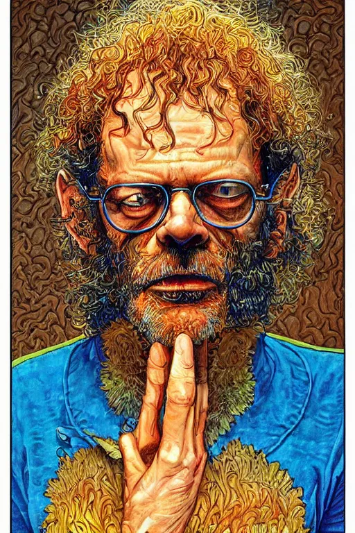 Image similar to an awesome jean giraud portrait of terence mckenna in the style of a rennaissance masters portrait, mystical and occult symbolism