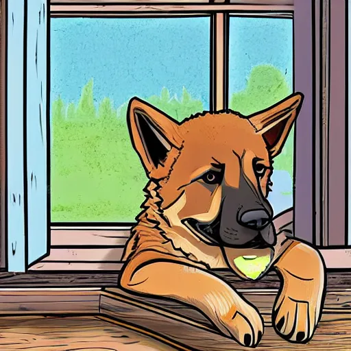 Prompt: low - angle illustration from 2 0 feet distance. a german shepherd puppy sits on the sofa near a bay window in a small cozy kitchen. in front of the sofa is a kitchen table made out of wood. lots of art hang on the walls. the puppy waits patiently while looking outside on a warm and sunny day. muted colors, bill watterson, comic