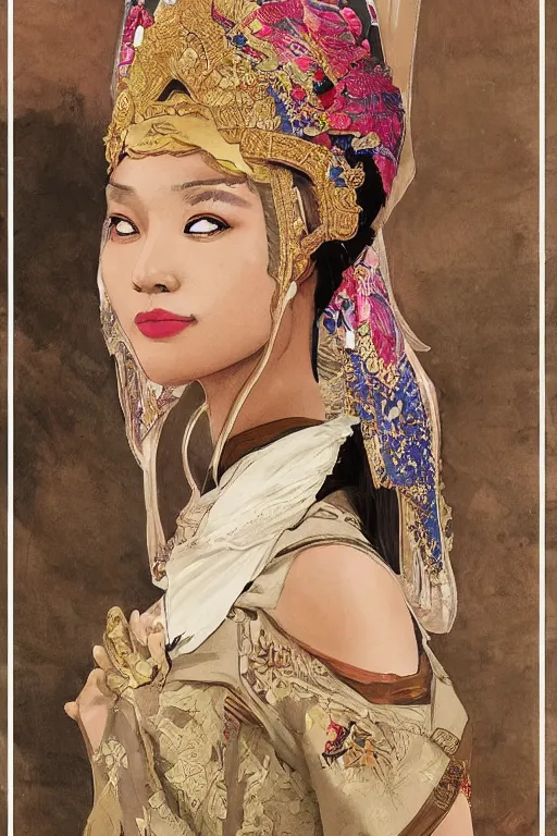 Image similar to portrait of an indonesian supermodels wearing traditional costume,!!!! very coherent!!!! highly detailed, digital painting, artstation, concept art, sharp focus, illustration, art by kittichai rueangchaichan and james gurney and alphonse mucha