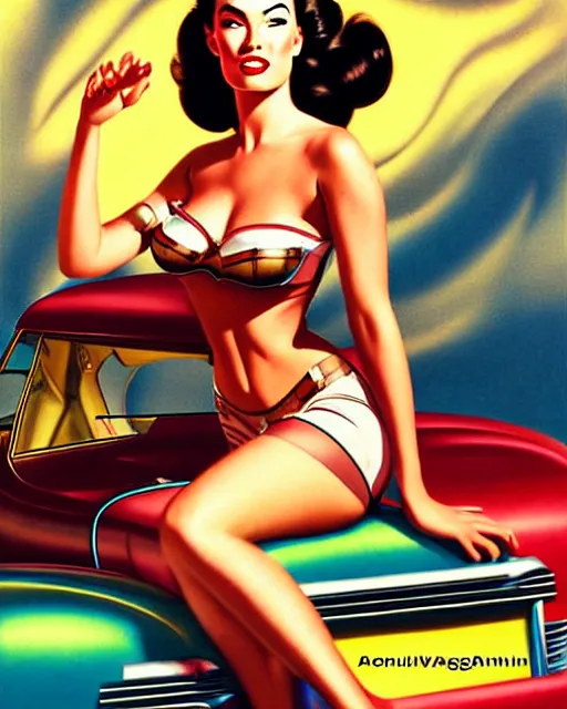 Prompt: beautiful retro space megan fox varga girl posing on a car in diesel punk city, windblown dark hair, retro pinup model, seductive, 1 9 4 0, hyper detailed, digital art, smooth, sharp focus, gil elvgren, anna dittmann alberto vargas,