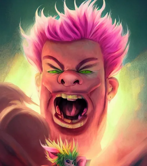 Prompt: portrait of'tomba!'with male with pink hair and green pants, attacking evil pig by ross tran, artgerm and wlop