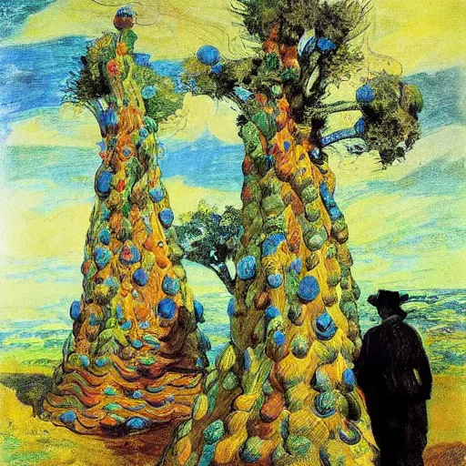 Image similar to impressionist symetrical fiction hugo wojciech siudhinski and lajos gulacny, lowbrow, 4 k 4 k colorful eldritch village tequila tree, by francisco goya and ted