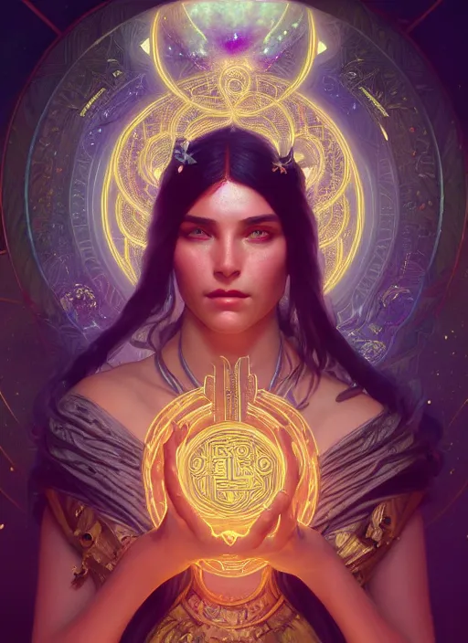 Image similar to Divine cosmic female power, glyphs, magic, artstation, high contrast, dramatic lighting, cgsociety, very detailed, intricate, detailed illustration, by artgerm and greg rutkowski and alphonse mucha, octane render, unreal engine, hyperrealism