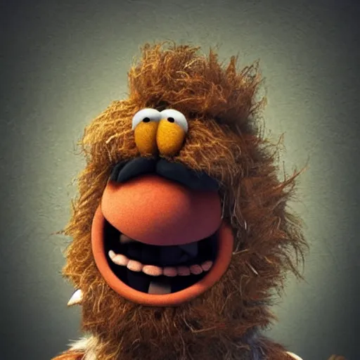 Image similar to a still of a forgotten muppet character looking very manly and modern, hilarious, laughing, hairy chest, huge chin, manly monster tough guy, roughled fur, photo real, photographic, photograph, artstation, trending, featured