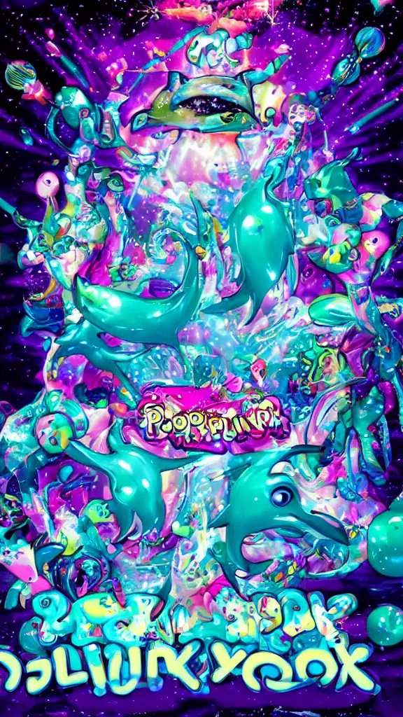 Image similar to popworld y 2 k dolphins, trolls and sparkles, seapunk