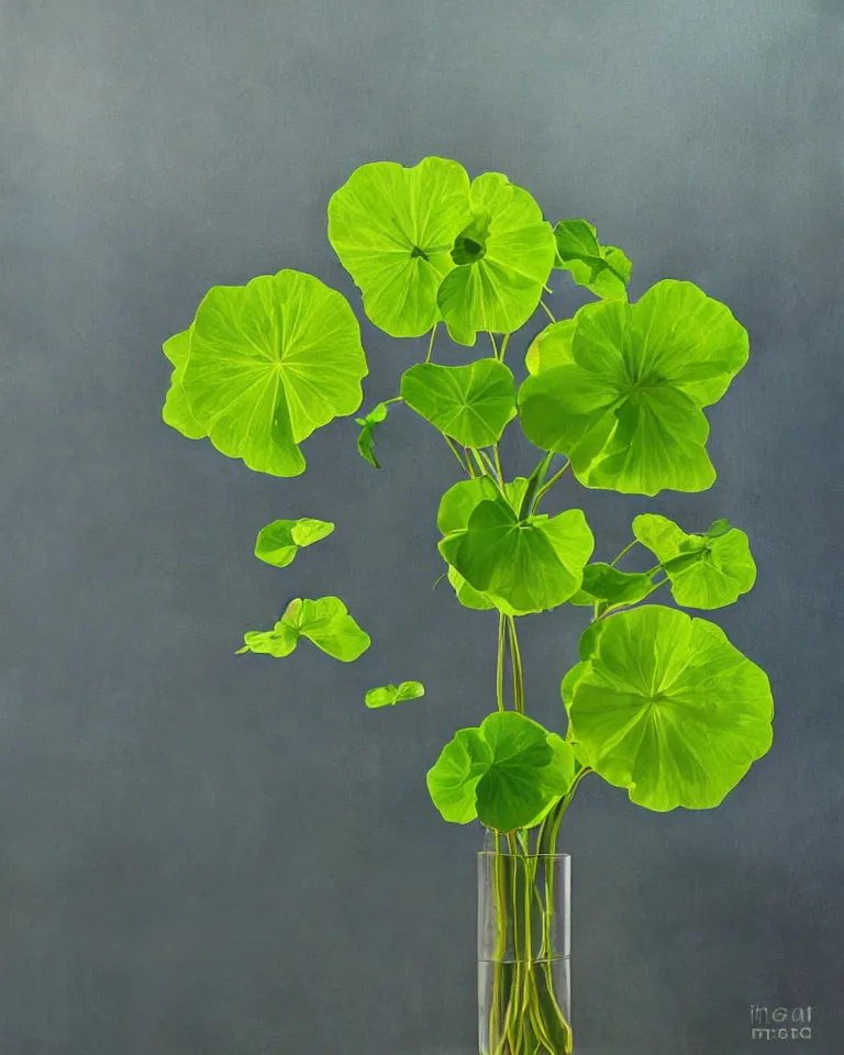Prompt: photorealistic photograph still life of nasturtium surrounded by blueish smoke with soft light coming from a window in a dark room, moody