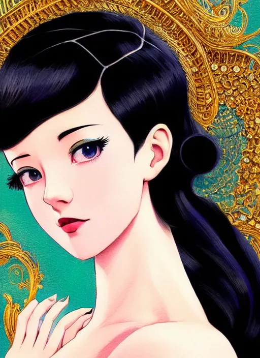 Image similar to a beautiful dancer with black hair in 1920's fashion, ballroom background, intricate, highly detailed, digital painting, artstation, official media, anime key visual, concept art, rich vivid colors, ambient lighting, sharp focus, illustration, art by Artgerm, Makoto Shinkai, Ilya Kuvshinov, Lois Van Baarle, and Rossdraws